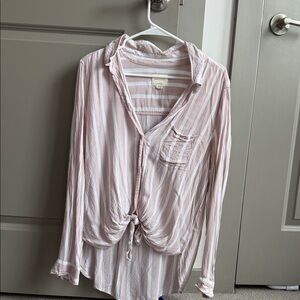 American Eagle Outfitters Light Pink & White Striped Tie-Front Button Down